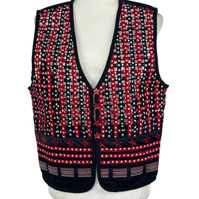 Keren Hart Vest Vtg Size L Patriotic USA Star Flag Red White Blue Cotton