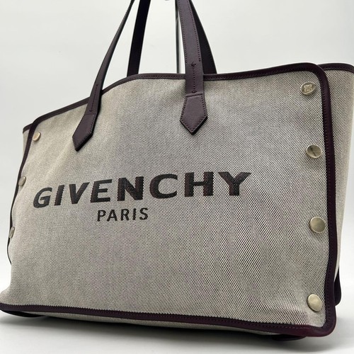 Givenchy Bond Medium Shopper Tote Bag Burgundy Gray Leather Canvas A4 Authentic