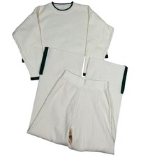 Cream Ribbed Knit Matching Lounge Set Womens Crew Neck Long Sleeve Wide Leg S