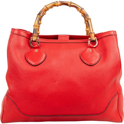 Gucci Red Leather Bamboo Top Handle Large Tote Handbag Tasche