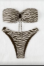SheIn Zebra Print Strapless Bandeau Bikini Set High Leg Side Tie Beige Black S