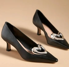 Anthropologie Maeve Black Leather Heart Kitten Heel Pumps Size 38