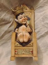 King on Throne Ceramic Figurine Antique Finish Beige Gold Purple