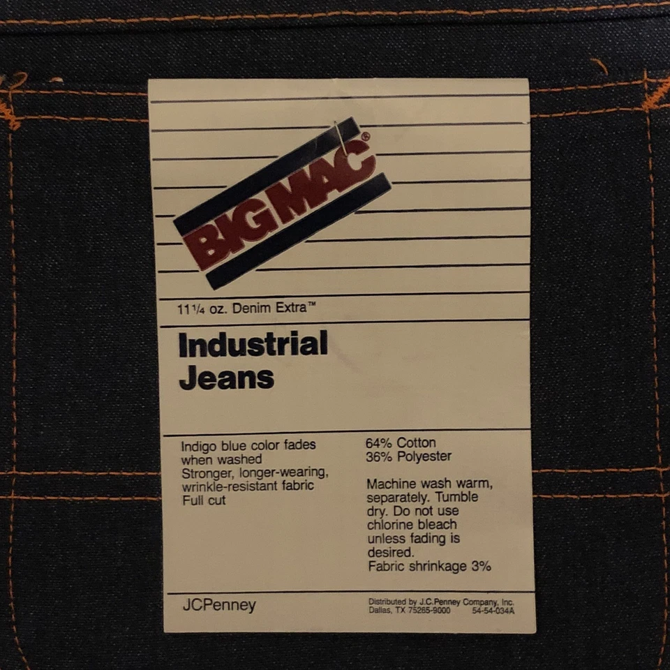 NUEVO Jeans de Trabajo de Carpintero Industrial Denim BIG MAC De Colección Años 90 40x34 JC Penney Foto 2 de 4