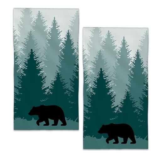 Hand Towels Green Trees Bath Towel Set of 2 Soft Kitchen Dish Foggy Forest Bear - Picture 1 of 6
