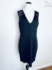 GUESS Women's V-Neck Black Dress Sz Large Perforated Circles Zipper Closure