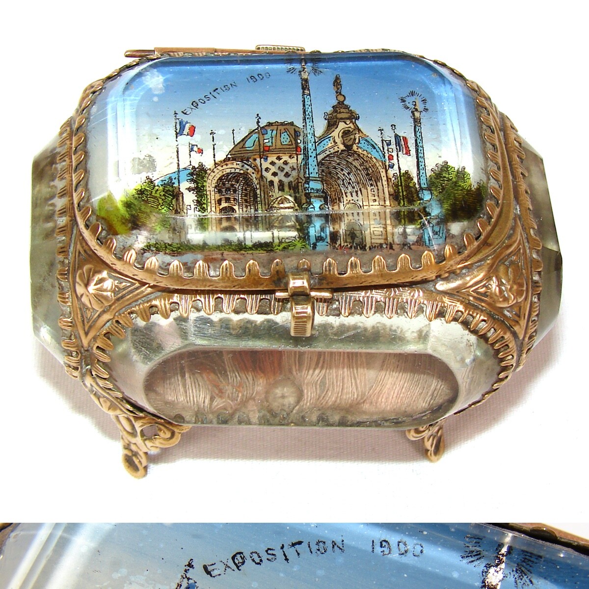 Antique French Souvenir Casket, Beveled Glass & Eglomise Scene