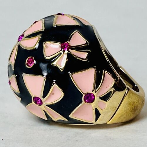Betsey Johnson Black Enamel Pink Bows & Crystal Dome Ring Stretch - Picture 1 of 8