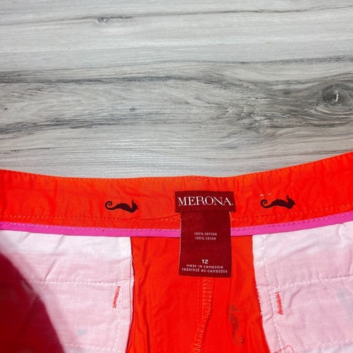Merona Orange Khaki Shorts Womens 12 Waist 36 Sea Horses Belted Flat NWT - Picture 5 of 6