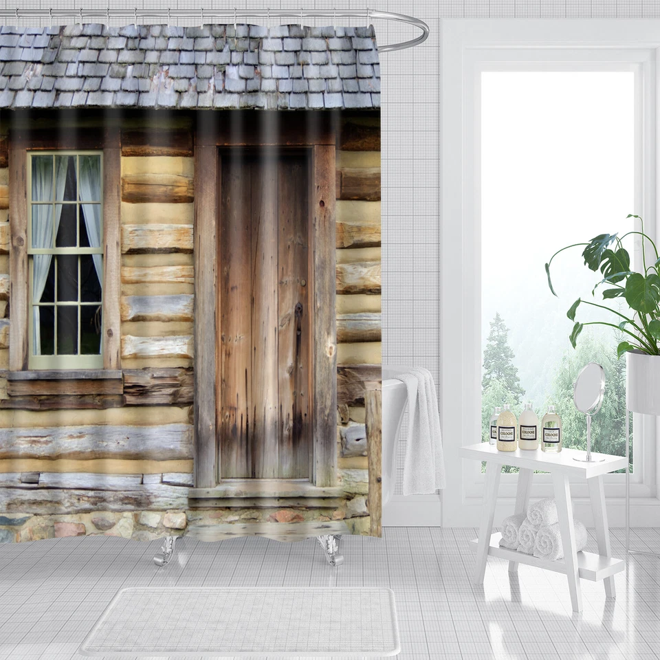 Cortina de ducha rústica de granja con ganchos tela marrón decoración de baño 72 pulgadas Foto 3 de 4
