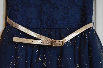 Girls Size Knit Works Dress Blue Lace pattern sparkles with gold