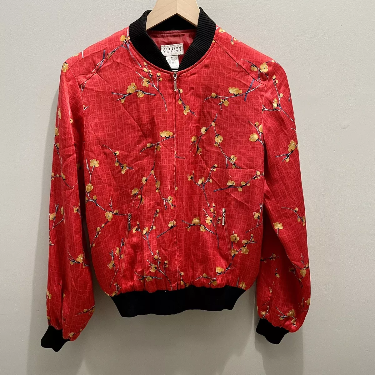 Allison Taylor Red Silk Cherry Blossom Bomber Jacket Size medium full zip pocket