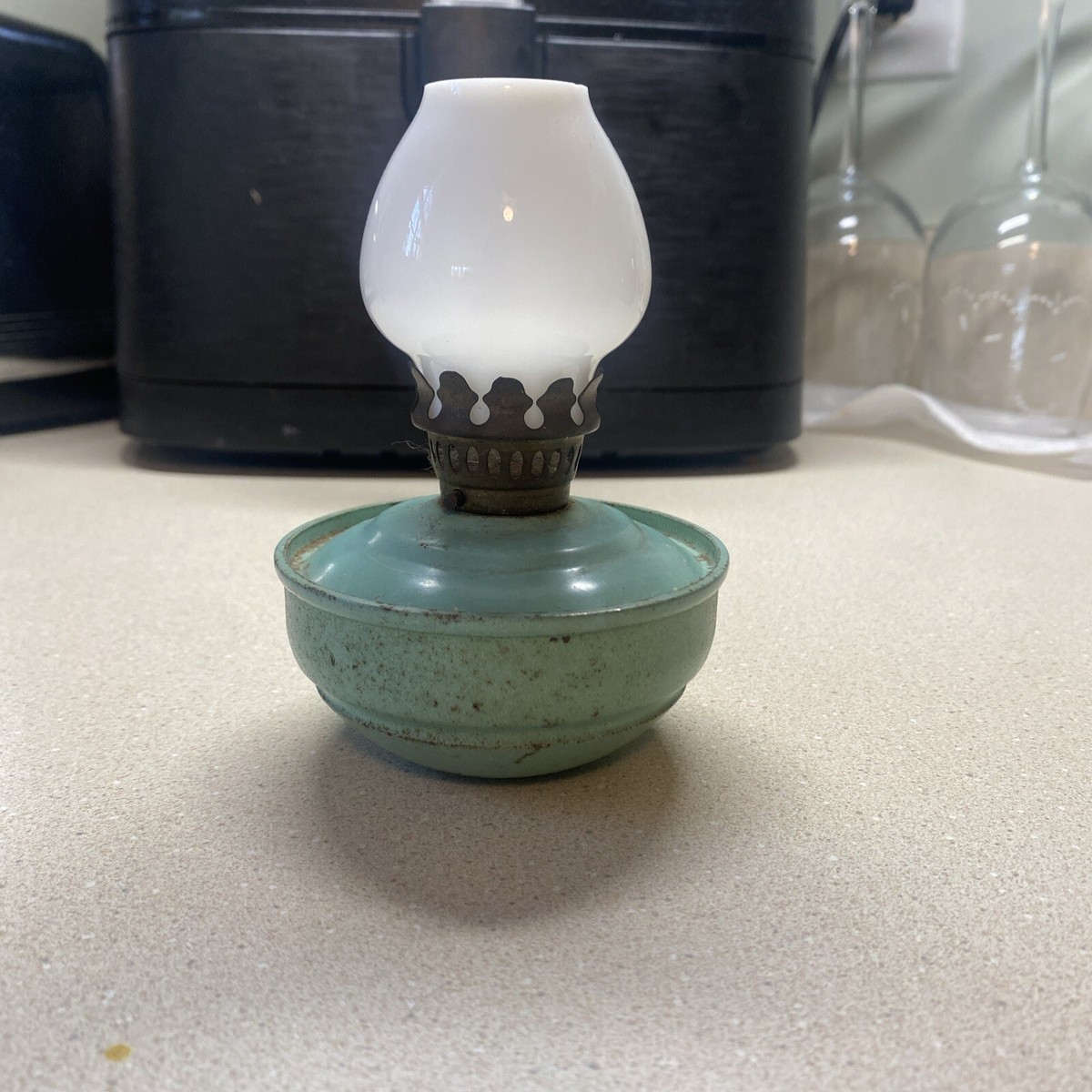 Vintage WW2 Mini Green Kelly Pixie Weighted Nursery Oil Lamp