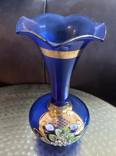 Vintage Bohemian Glass Cobalt Blue Vase Hand Painted Flowers Gold Trim Japan 6"
