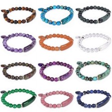 Semi-preci  ous gemstone beads Heart Charm stretch bracelet 7"
