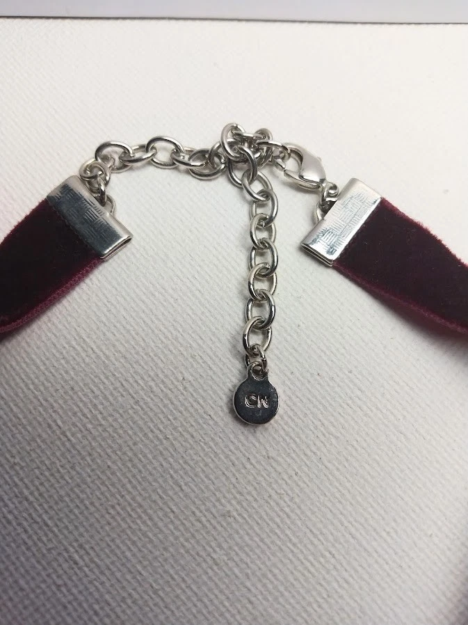 Silver Plate & Velvet Choker Collar Necklace Burgundy Gothic Halloween Retro 90s - Image 3 of 4