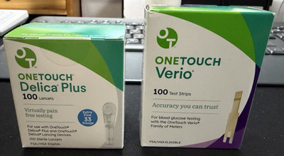 One Touch Verio Test Strips Box of 100 & Box of 100 Delica Plus Lancets New (1)