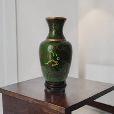 Chinese Cloisonné Enamel Vase Dragon — Green Imperial — Brass Gilt — Wood Stand 
