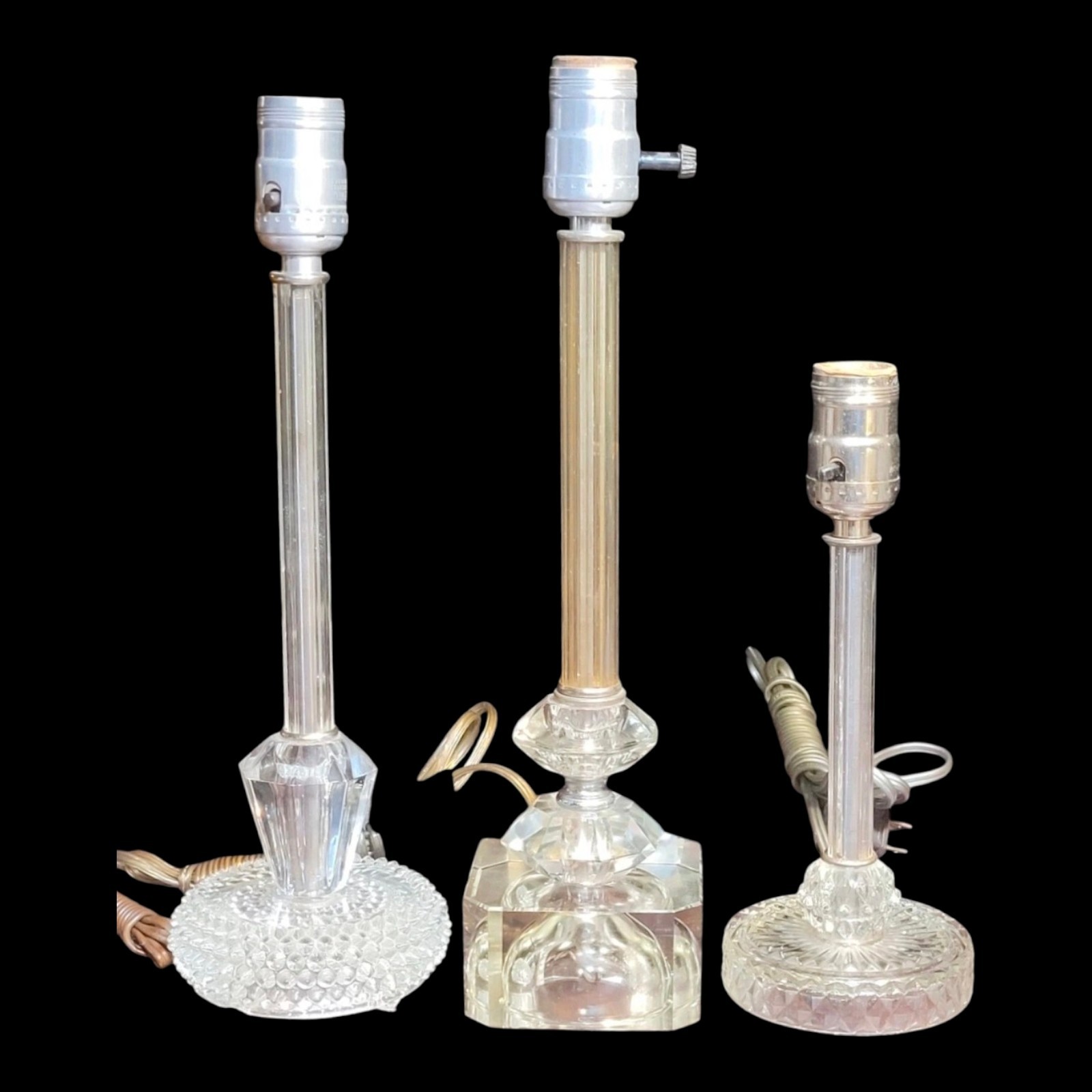 Set of three antique Art Deco streamline glass candlestick table lamps