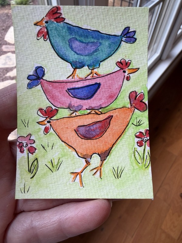 ACEO Original, Signed, Whimsical Chickens on a Farm. Artist; one anxious Lady