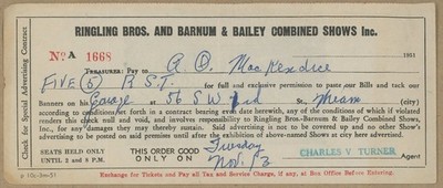 * NICE * 1951 RBBB CIRCUS CHECK FOR SPECIAL ADV. CONTRACT - 5 Seats for Miami FL