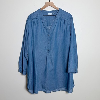 Joan Rivers Womens Cotton Denim Tunic 3X Blue Roll Tab Sleeve Henley V-Neck