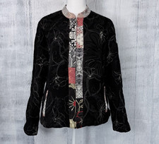 Chico's Full Zip Jacket Size 2 L Silk/Linen/Cotton Blend Asian Embroidery VTG