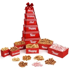 Christmas Gift Baskets - 6 Tier Indulgence Nuts Gift Basket Tower with Filled Wi