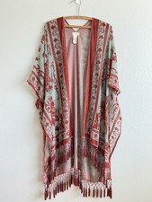 Free People Velvet Burnout Floral Kimono Fringe Tassel Boho Duster Rose Green OS