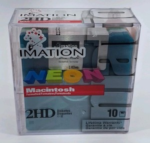 Imation Neon MAC Formatted 2 HD 1.4 MB 3.5" Diskettes 10 NEW NIB Computer Sealed