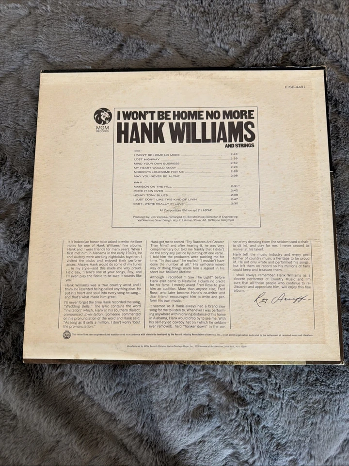 Hank Williams And Strings(I Won’t Be Home No More)Vinyl 33/MGM SE-4481 - Image 2 of 4