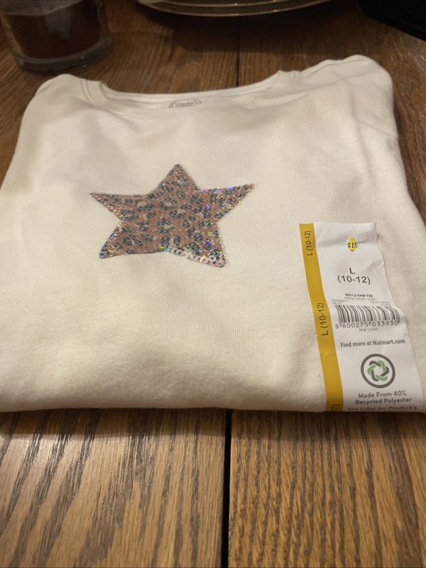 WONDER NATION Kids sz L 10-12 Fresh Ivory Star Sequined Long Sleve T-Shirt