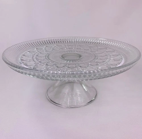 11" Cake Plate Pedestal Vintage Windsor Button & Cane Pattern Federal Glass