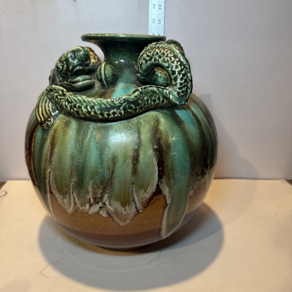Jarrón grande vintage asiático marrón y espectacular esmalte verde cerámica dragón Foto 3 de 4