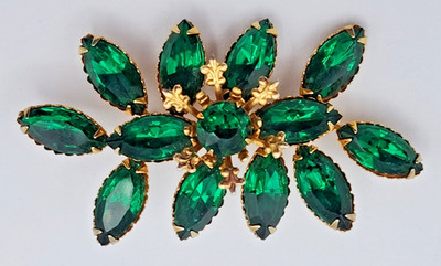 Leaf Shape Brooch Green Rhinestones Gold Tone ca 2 1/2'' Long