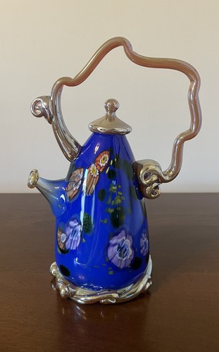 Rare Paul Counts Art Glass Oblong Blue Gold Millefiori Teapot Sculpture Signed - Picture 2 of 18