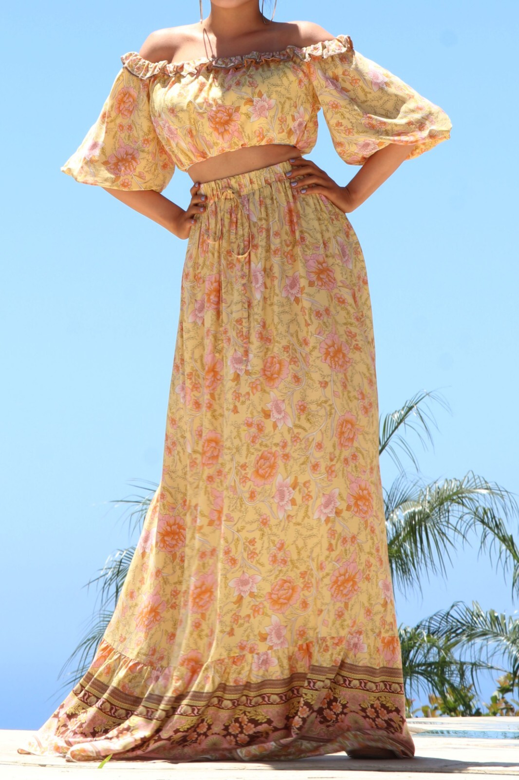 Boho Gypsy Ruffle Off Shoulder Crop Top Flared Maxi Skirt Pc