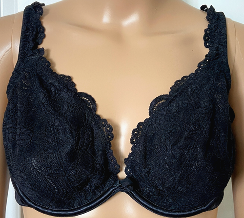 NWT Cacique ~ Lace Satin Plunge Bra in Black sz 42B