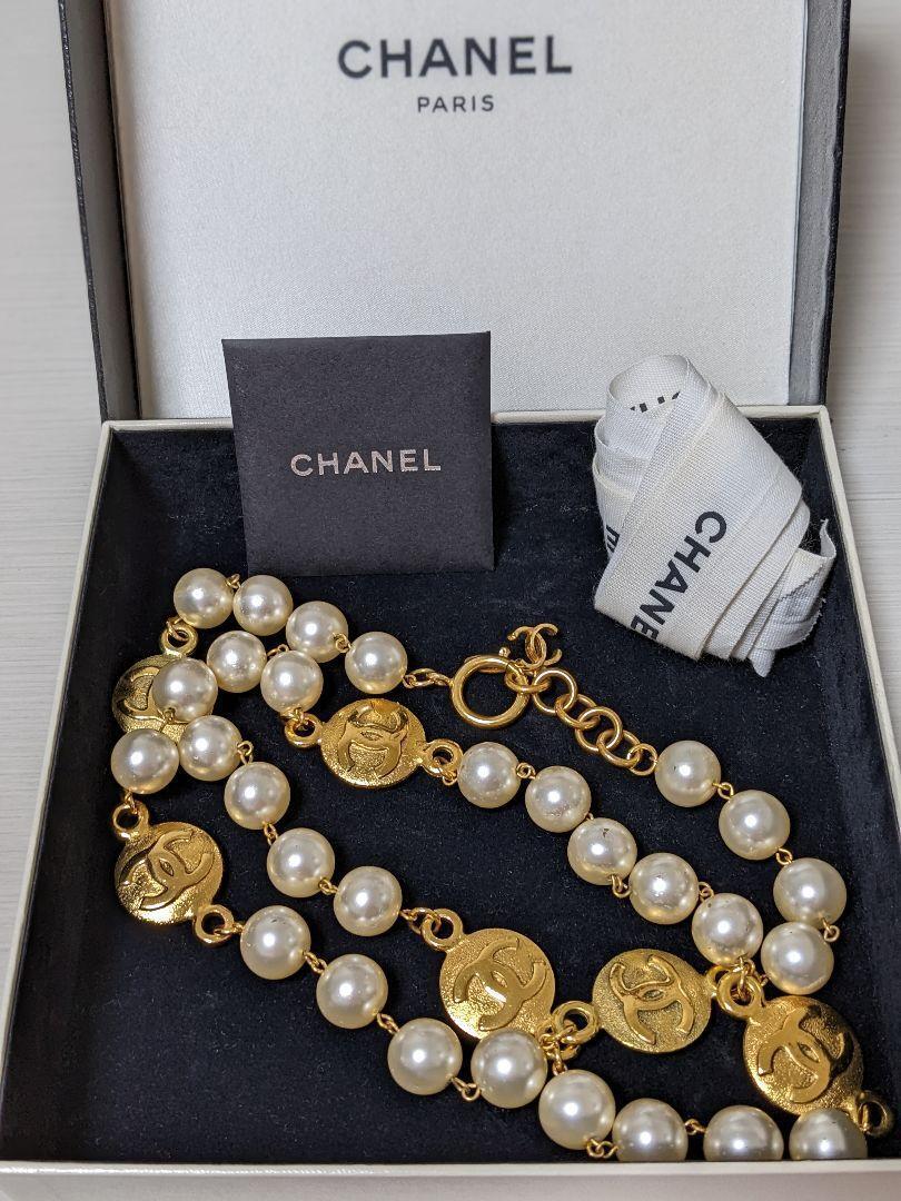 CHANEL Vintage Long Necklace Pearl Chain Coco Mark Ladies' Accessories