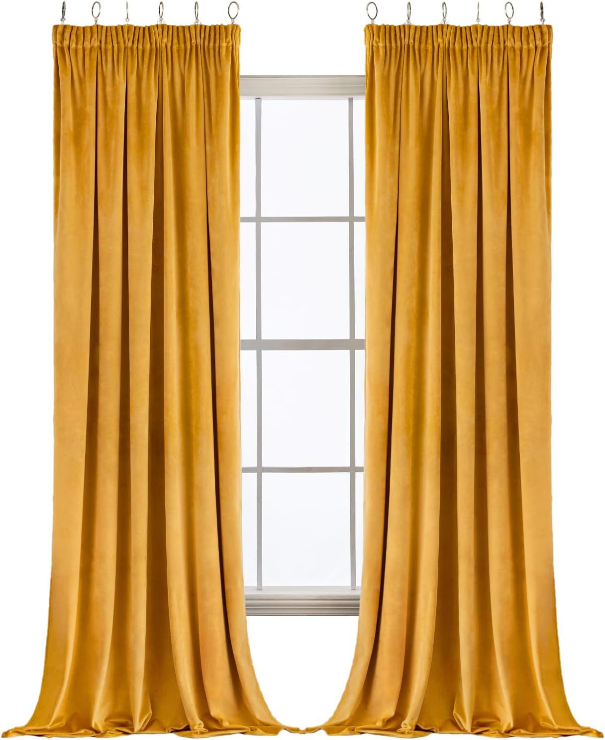 Woaboy Pencil Pleat Velvet Mustard Curtains W66 x L90 for Living Room
