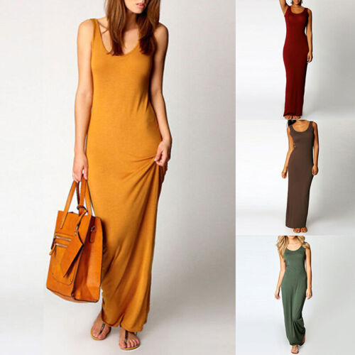 Womens Sleeveless Long Maxi Dress Ladies Casual Solid Vest Tank Dress Beach  Top | eBay