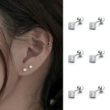 Womens Silver Surgical Steel Square CZ Crystal Stud Earrings Screw Back 2Pcs