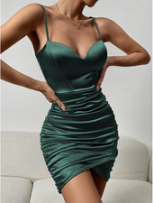 Green  Allurite Ruched Wrap Hem Satin Cami Bodycon Dress Sz XS S M L