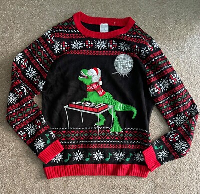 NEW! New York Laundry Unisex Ugly Christmas Sweater, Dinosaur DJ Disco Ball, S