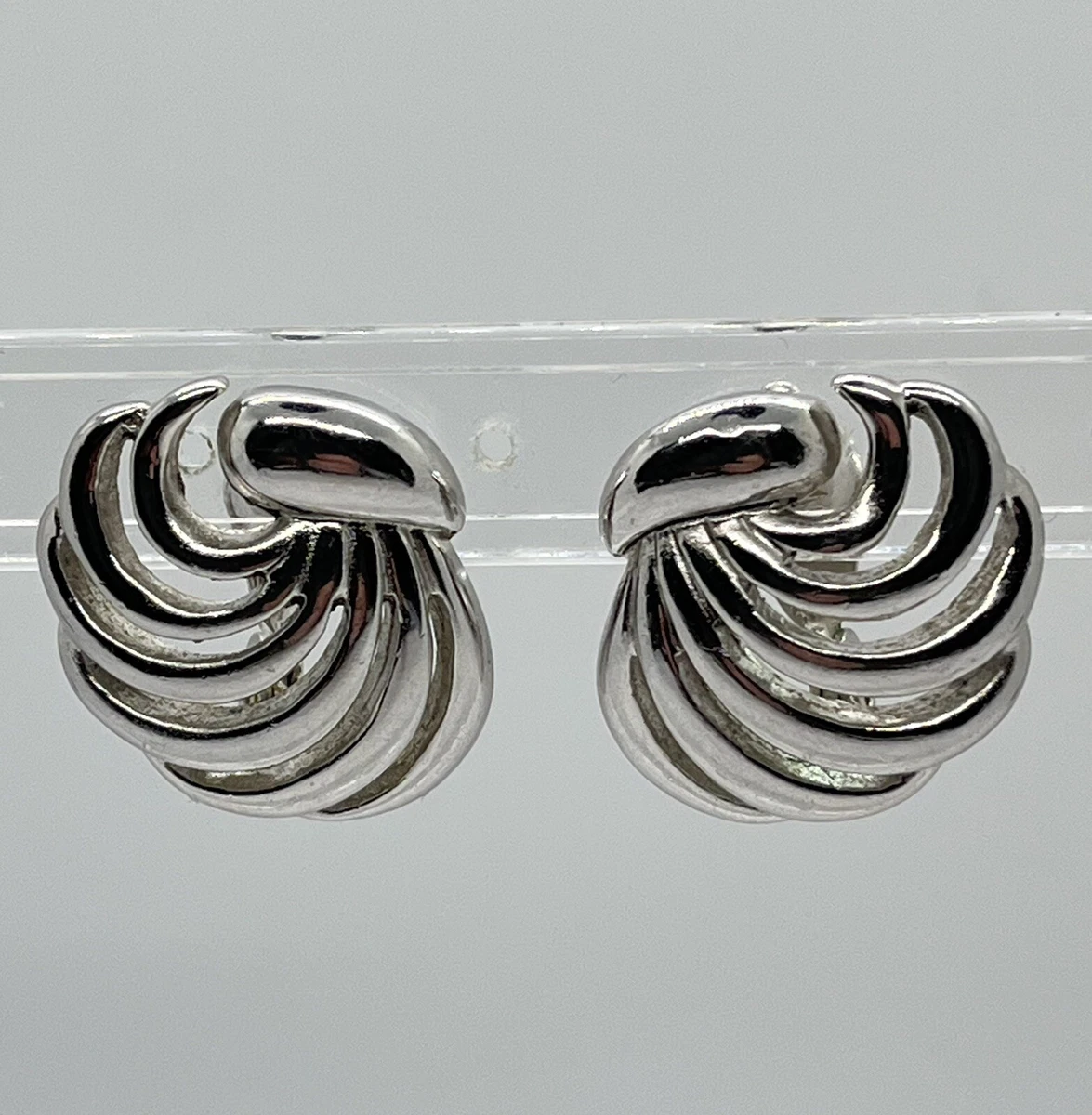 Monet Clip On Earrings Silver Tone Vintage Signed Swirl Design