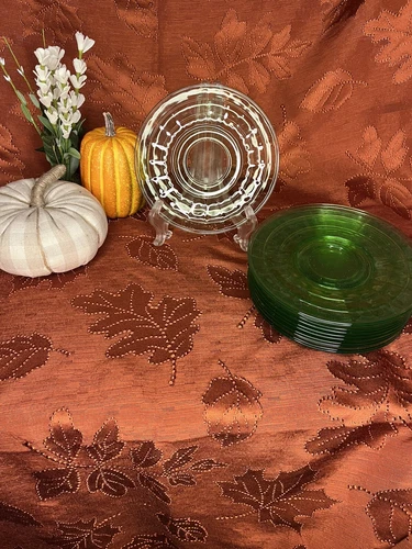 Anchor Hocking Block Optic Uranium Depression Glass 6 inch Saucer 6 Count