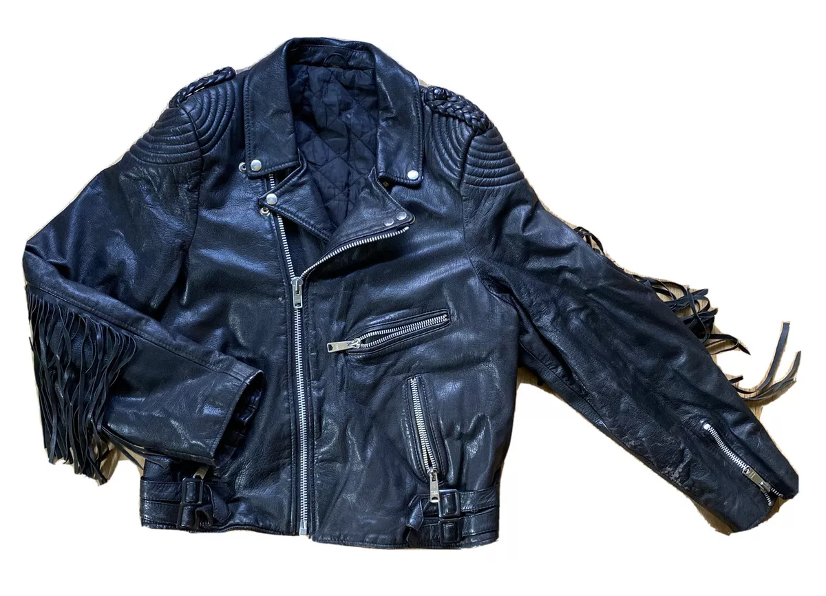 Vintage BLACK ‘ECHTES LEDER’ Motorcycle Leather Jacket WITH FRINGE Size 54