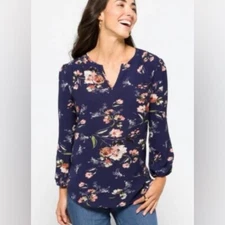 Fun 2 Fun Women's Kenmore Split Neck Navy Floral Long Sleeve Blouse, Size Small