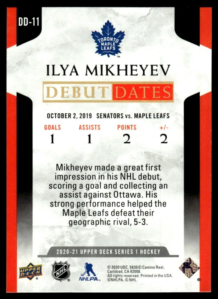 2020-21 Upper Deck Debut Dates Ilya Mikheyev Toronto Maple Leafs #DD-11 - Image 2 of 2