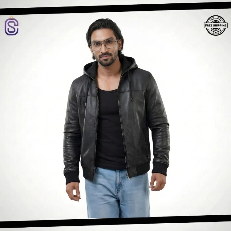 Men's Black Premium Lambskin Leather Jacket with Hoodie